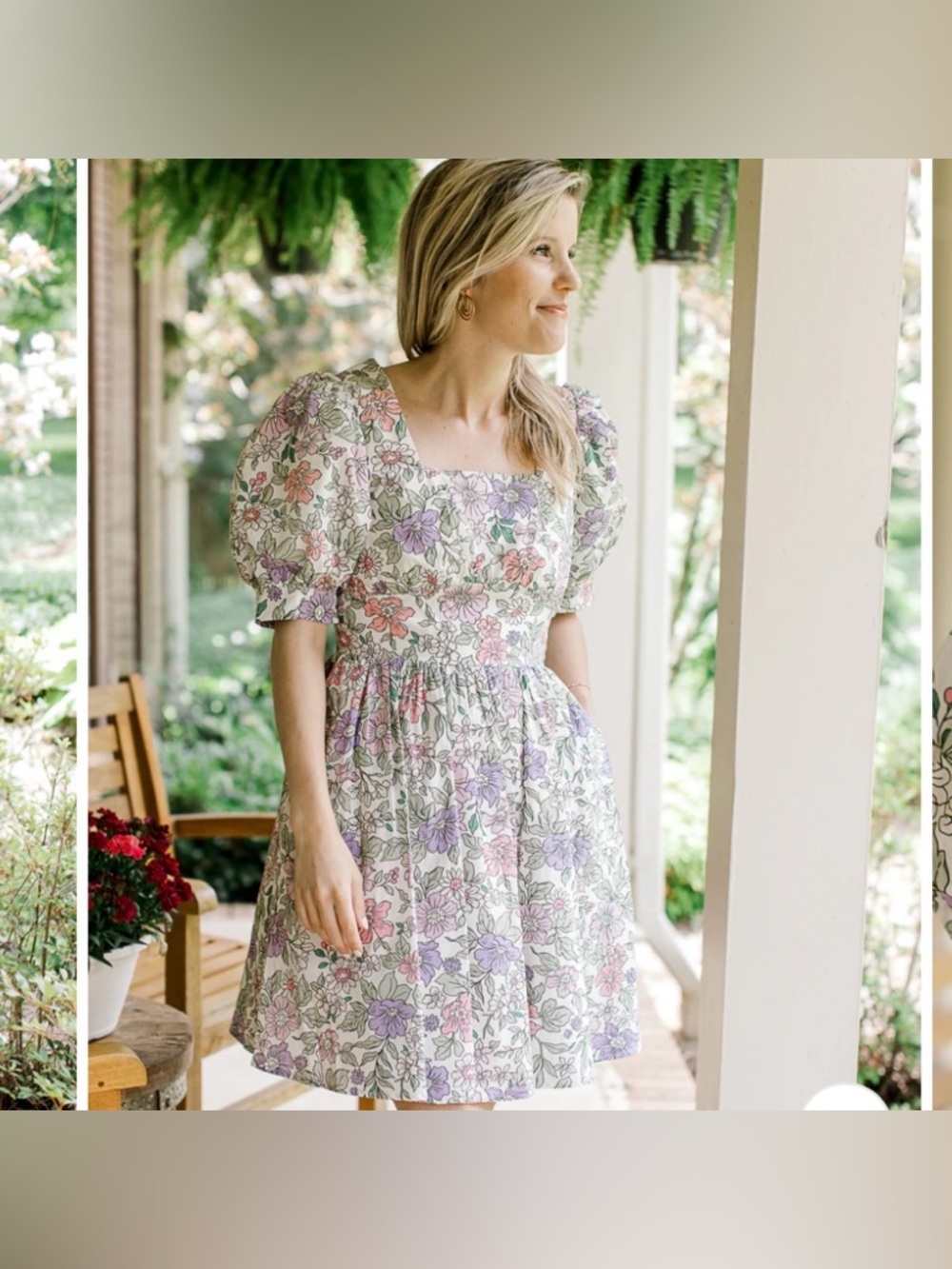 NWT ENTRO Lavender and Sage Dress Floral Puff-Sleeve Square-Neck Dress MEDIUM